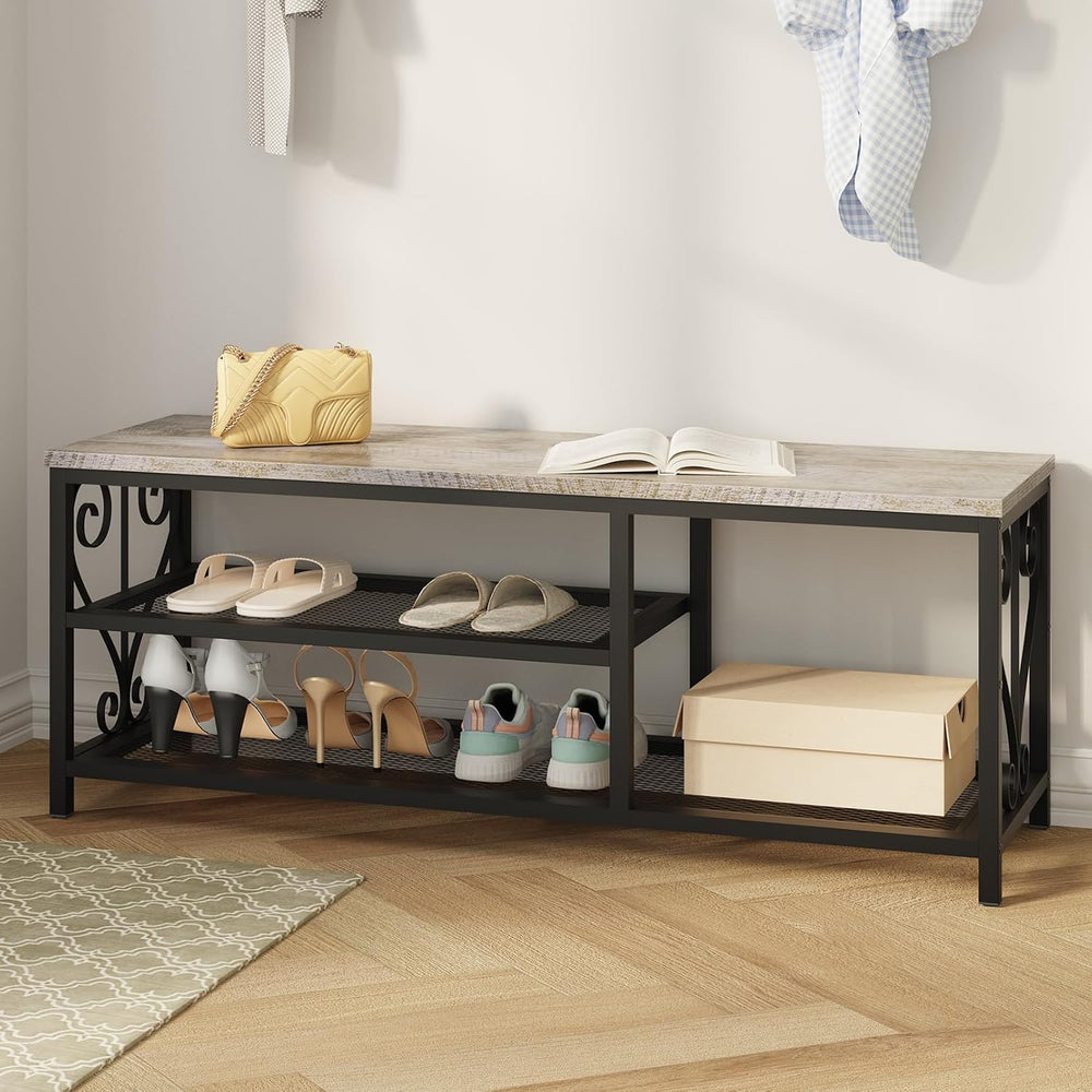 Entryway Storage Bench with Shoe Rack, 47.2" Wide Hallway Bench with Sea...
