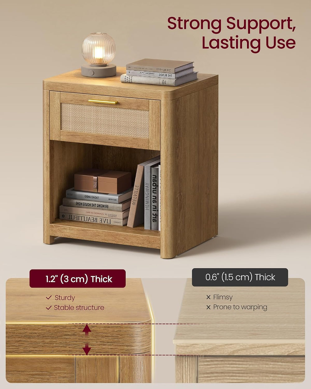 VASAGLE Set of 2 Boho Nightstands with Rattan-Look Drawer