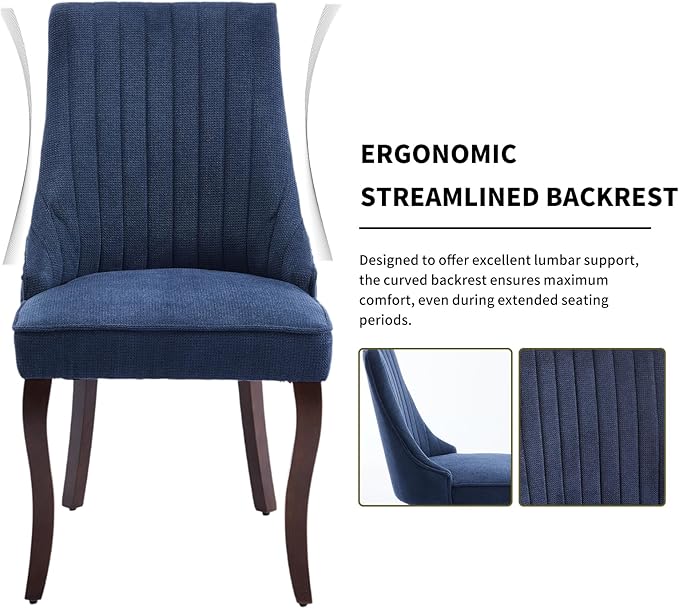 Modern Dining Chairs Set of 4, Mid Century Kitchen & Dining Room Chairs, Linen Upholstered Kitchen Chairs with Wood Legs, Sillas de Comedor, Easy Assembly, Blue, 4 Pieces