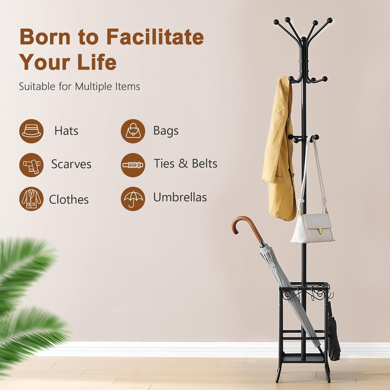 Hoctieon Coat Rack Freestanding, Coat Tree with Umbrella Holder, Metal Coat Rack Stand with 12 Hooks, Standing Coat Hanger Stand, Umbrella Stand for Entryway, Hat Rack Stand for Home Office, Black