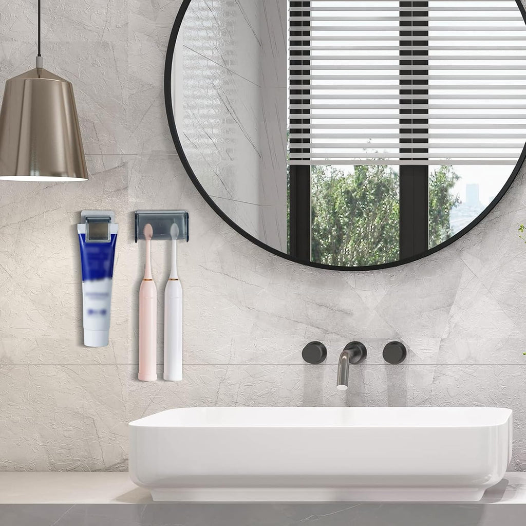 Wall-Mounted Toothbrush Holder with Cover, 2-Slot Organizer with Toothpaste Clip for Bathroom, Shower (Clear Combination 1)