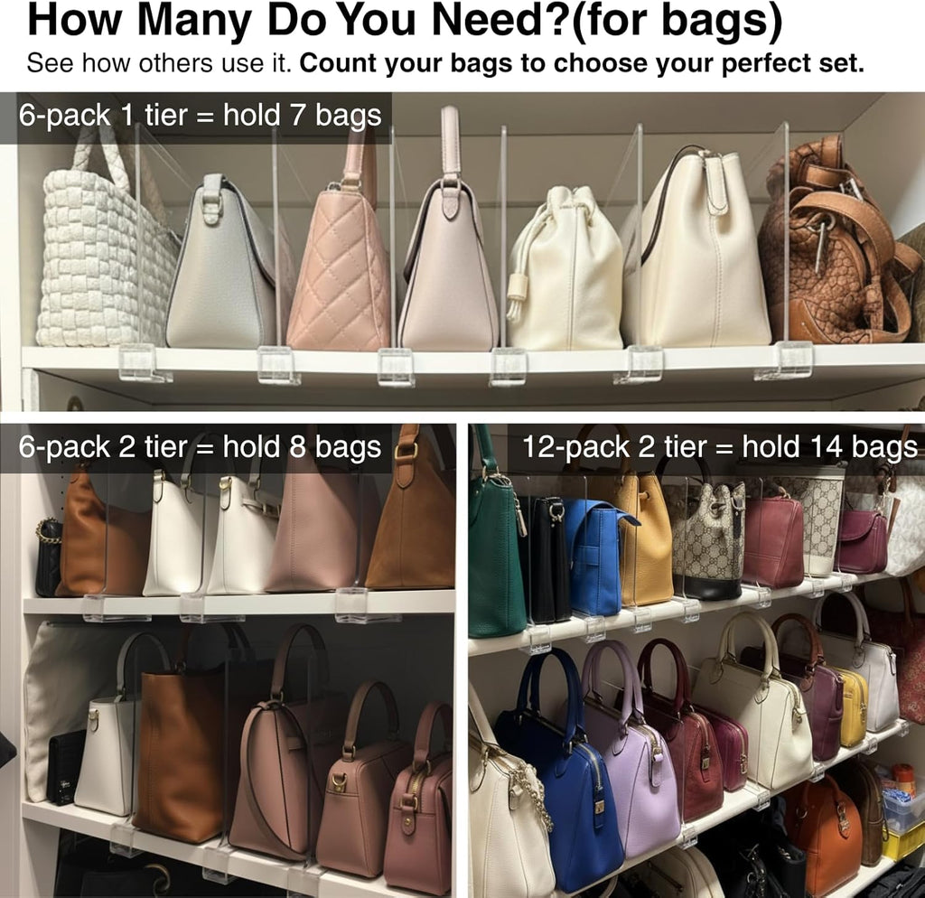Shelf Dividers Purse Organizer for Closet: 12-Pack Acrylic Bag Storage Organizer for Handbags, Clutches, Clothes, Sweater, Towel on Wood Shelves