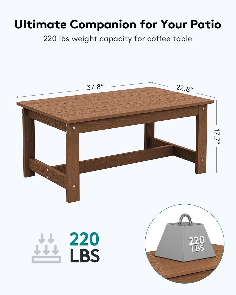 SERWALL HDPE Patio Coffee Table, Rectangle Outdoor Coffee Table, All-Weather ...