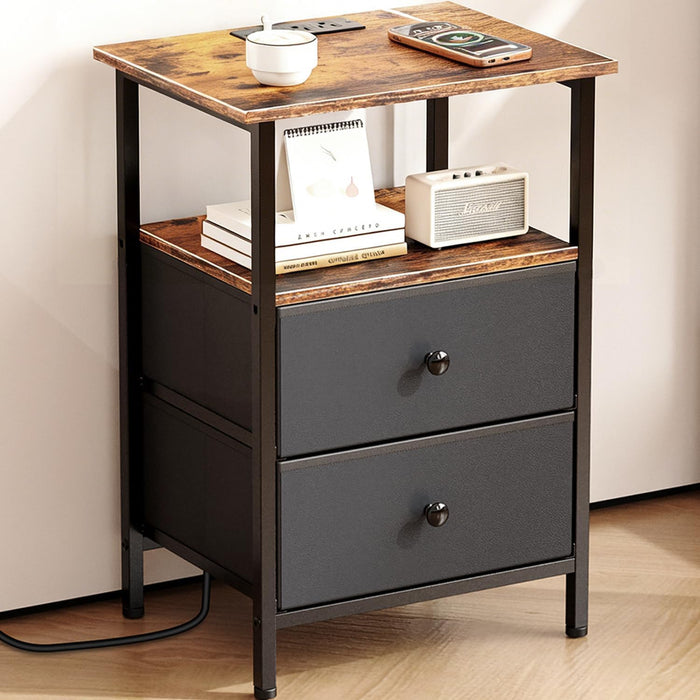 Nightstand with Charging Station, Bedside End Table with 2 Fabric Drawers for Bedroom, Side Table with USB Ports and Outlets (Brown Black)
