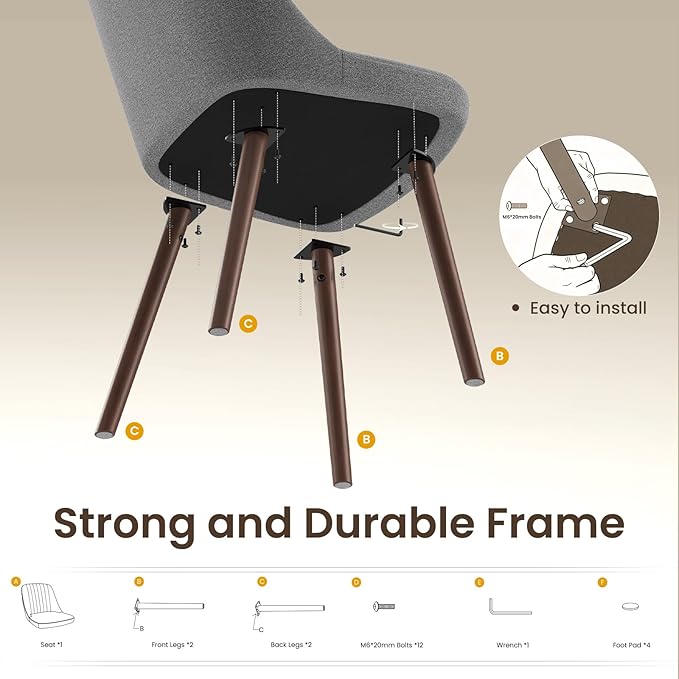 Upholstered Dining Chairs Set of 6, Modern Fabric Kitchen Chairs with Back, Wood Legs for Kitchen Dining Room Restaurant, Grey