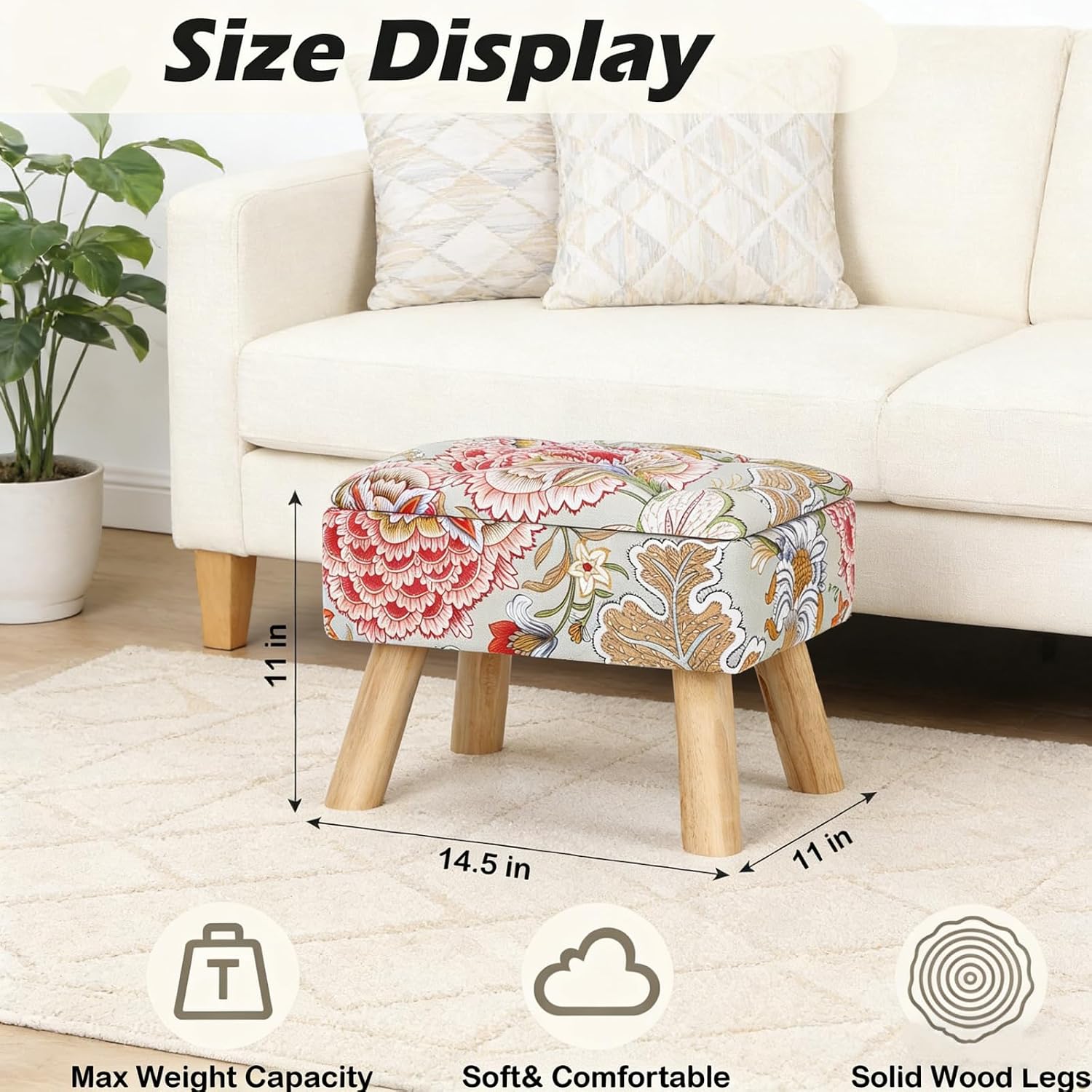 ETELI Small Foot Stool Ottoman with Storage Versatile Square Storage Ottoman Boho Foot Rest with Sturdy Wood Legs Floral Footstools and Ottomans for Living Room Bedroom and Enterway