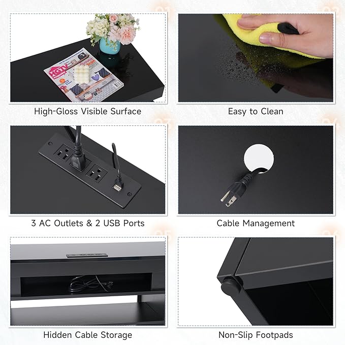 Verano Garden 63" LED TV Stand for 75 Inch TV, High Gloss Entertainment Center with 2 Storage Cabinets and Open Shelf, Modern TV Media Console with Power Outlet & Light for Living Room, Bedroom, Black
