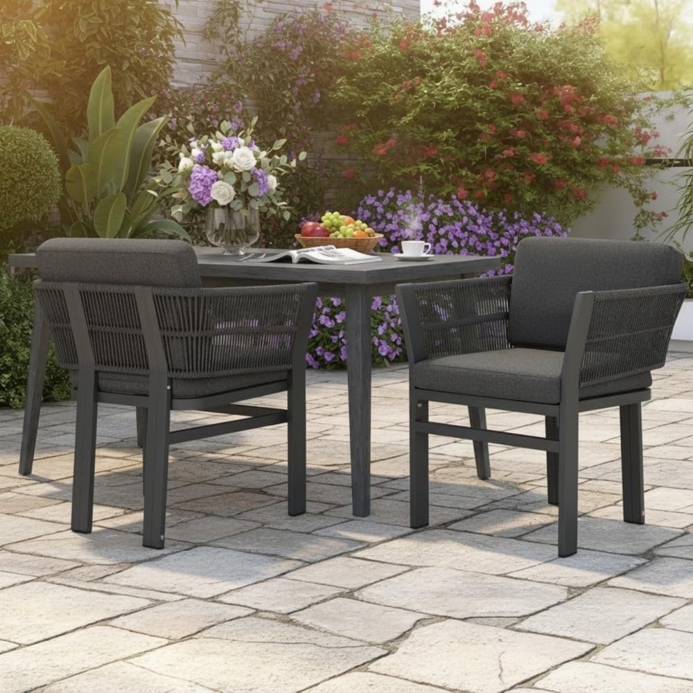 Outdoor Dining Chair Set of 2,White Aluminum Frame with Beige Cushion, 300lbs...
