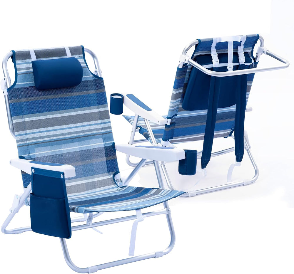 Beach Chair 2 Pack Aluminum 5 Positions Lay Flat Mesh Fabric Folding Beach Re...