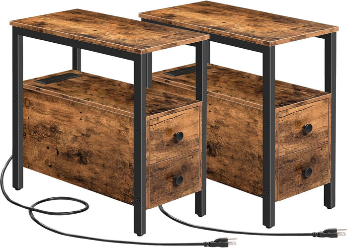 HOOBRO Set of 2 End Tables with Charging Station, Narrow Side Table with Drawers, Power Outlets, Nightstand for Small Spaces, Living Room, Stable and Sturdy, Rustic Brown and Black BF541BZP201