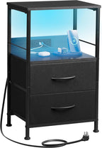 WLIVE LED Night Stand with Charging Station, Black Nightstand with 2 Fabric Drawers and Storage Shelf, Dorm Bedside Table End Table with 2 USB Ports and Outlets, Small Dresser for Bedroom, Living Room