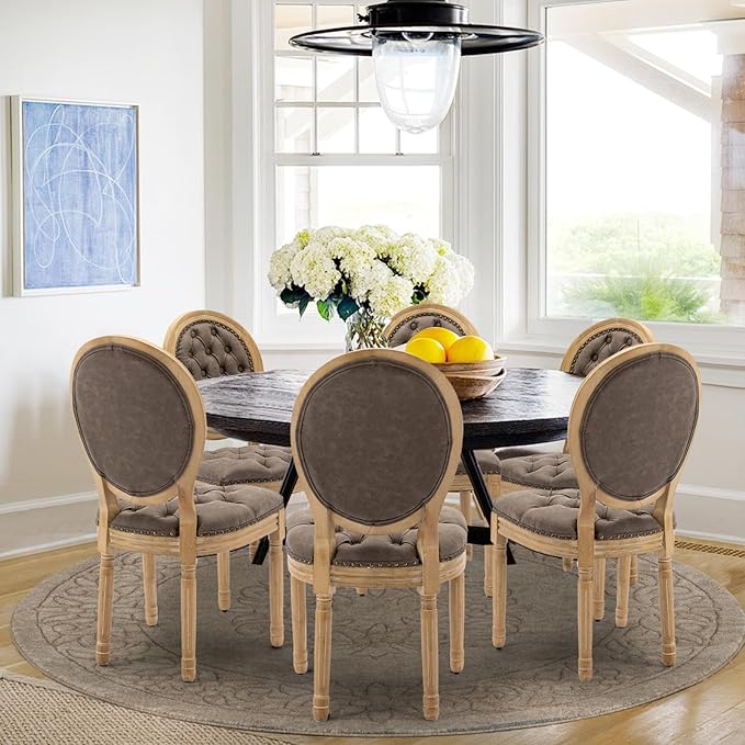 PU Leather Upholstered Dining Chairs Set of 6 French Country Round Back Kitchen Side Chairs with Nailhead Trim and Wood Legs for Dining Room, Kitchen, Restaurant(Brown)
