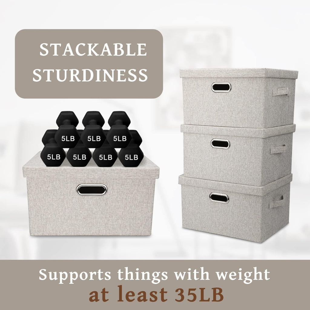 Medium 15" 21 Quart Collapsible Stackable Storage Bins with Lids, 3 Packs Beige Foldable Fabric Closet Boxes Heavy-duty Linen Cube Baskets Container for Bedroom Office (15 x 11 x 8)