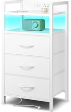 Night Stand Bedside Charger Bedroom - Nightstand with Charging Station, Bed Side Table with LED Light Strip, End Table with U-S-B Ports & AC Outlets, Storage Shelf & 3 Fabric Drawers, White