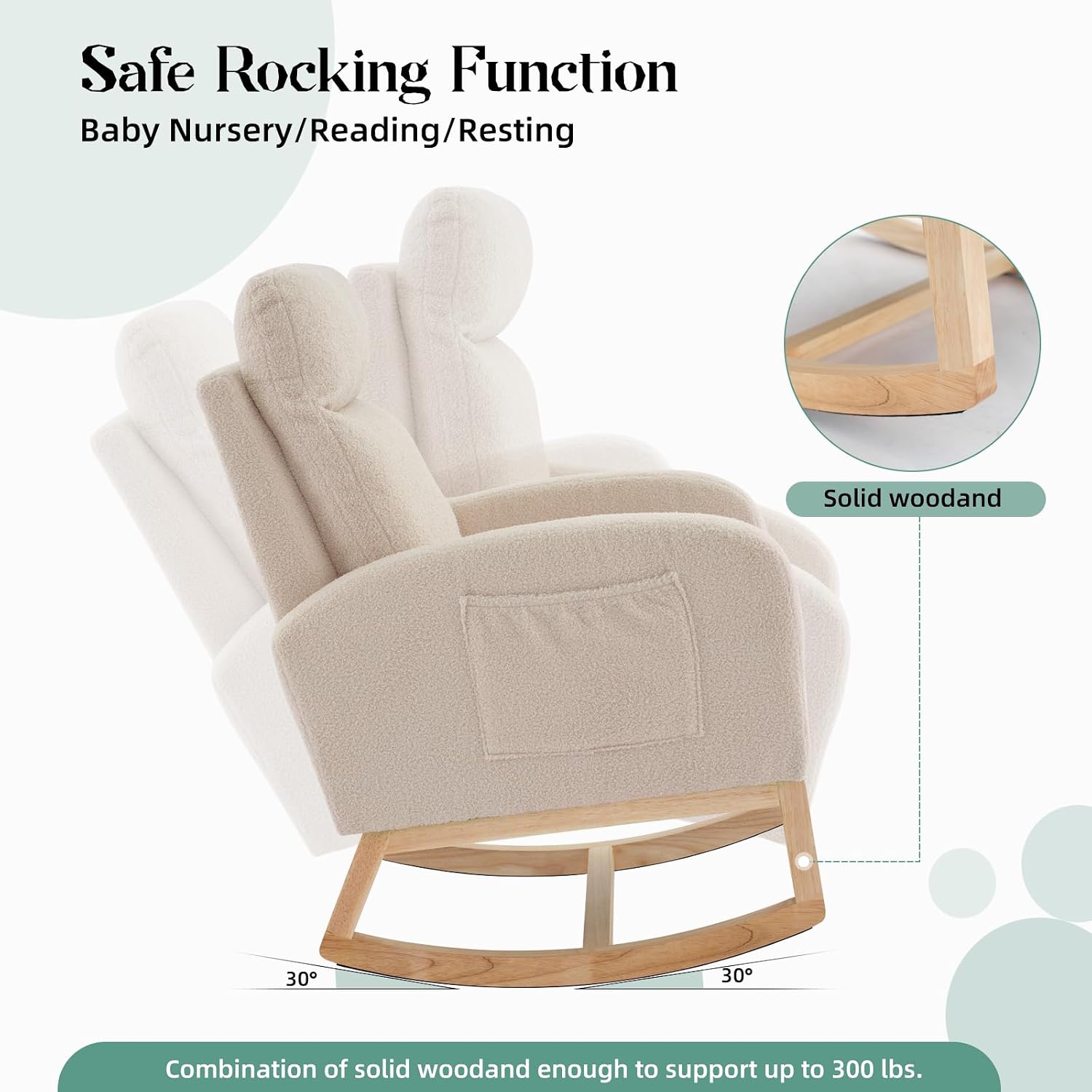 Rocking Chair Nursery, Modern Upholstered Glider Rocker with Side Pocket, High Backrest Padded Seat Accent Armchair for Living Room, Nursery, Bedroom