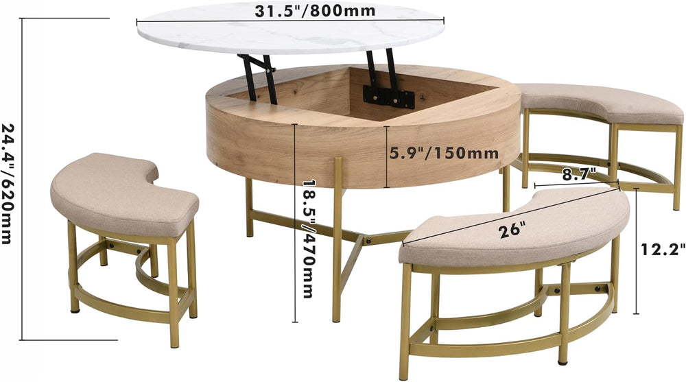 31.5" Modern Round Lift-Top Coffee Table with Storage & 3 Ottoman,Wh...