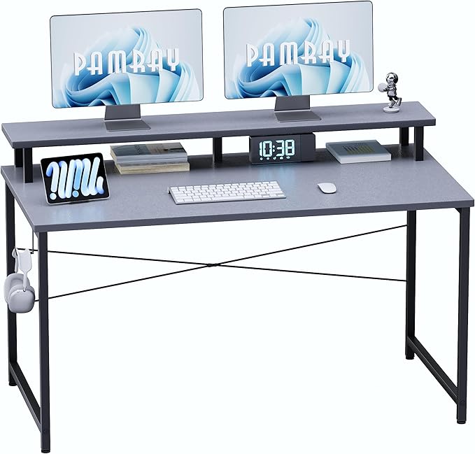 Pamray 47 Inch Small Computer Desk with Monitor Stand, Simple Office Desk with Headphone Hook for Small Spaces, Kids Study Writing Table for Bedroom, Grey