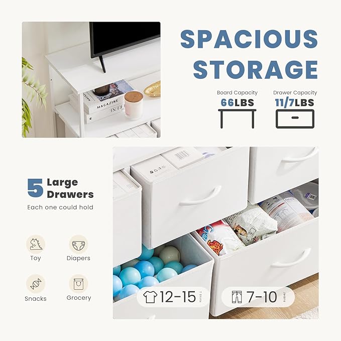 DUMOS TV Stand, Dresser with 5 Fabric Storage Drawers, Media Console Featuring Open Shelf for TV, Compact Entertainment Unit for Bedroom, Living Space, or Dorm Organization, White