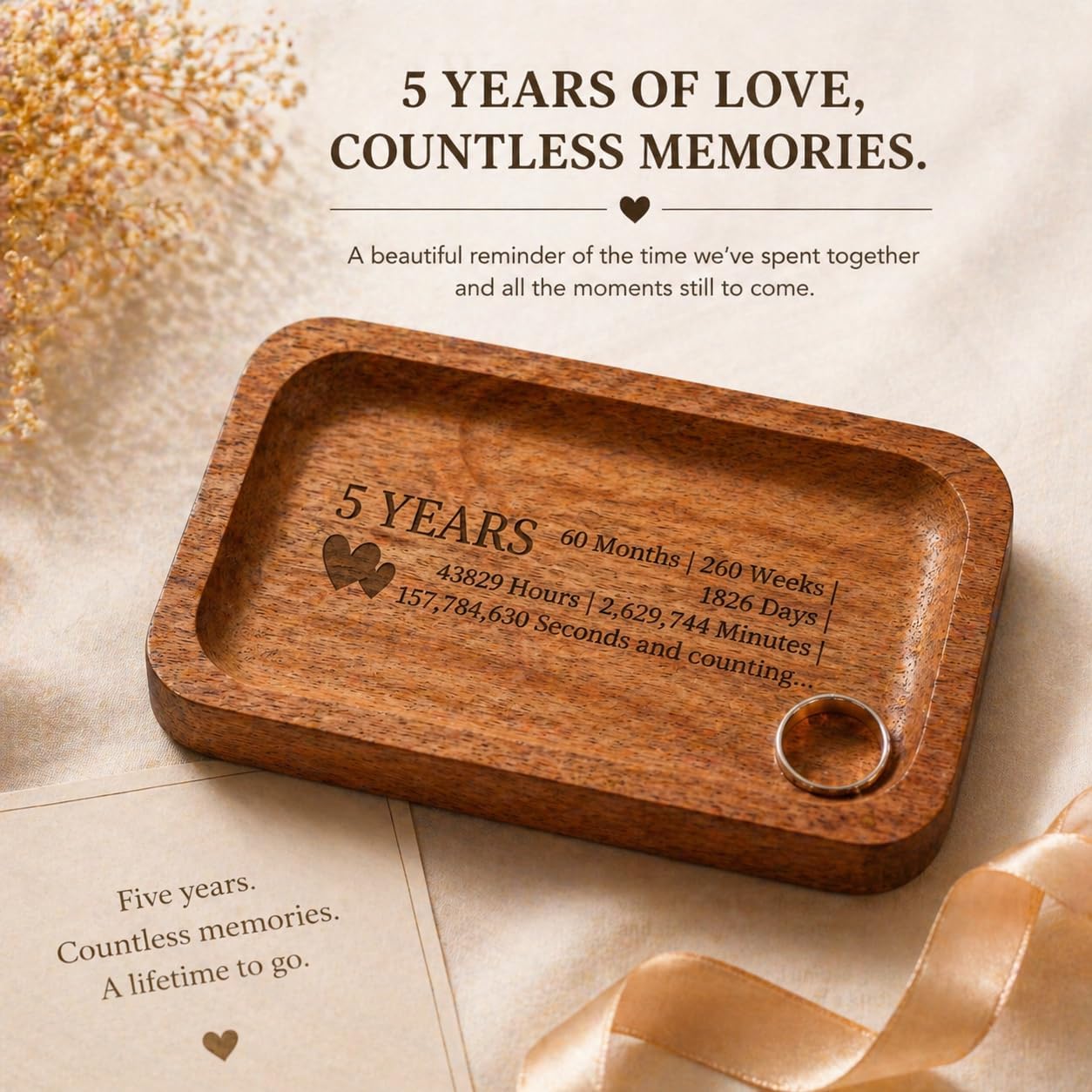 5th Anniversary Wedding Gifts for Wife, Husband – Handmade Acacia Wood Jewelry Tray, the Best Gift to Celebrate Five Years of Love.