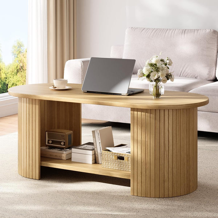 42" Oval Fluted Coffee Table, 2-Tier Center Table with Large Storage, Mid-Century Modern Wood Coffee Table for Living Room, Home Office, Small Space, Oak