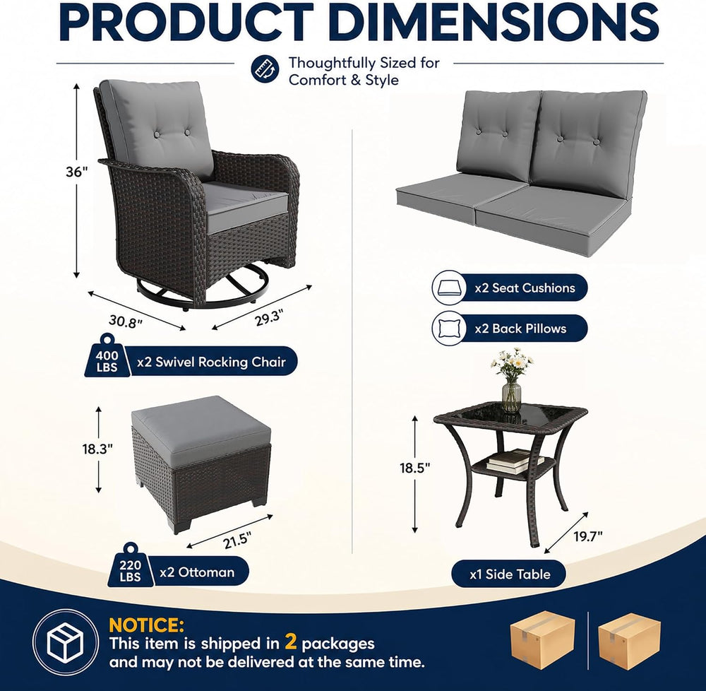 Gotland Outdoor Swivel Chairs Set of 2, 5 Pieces Patio Furniture Set with Ott...