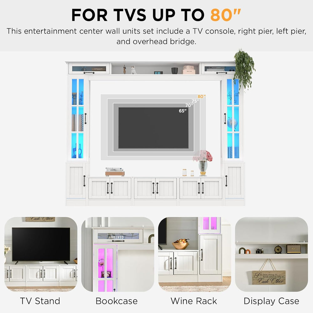 LUXOAK 98" Wide Wall Unit TV Stand with Storage Bookshelves & LED Li...