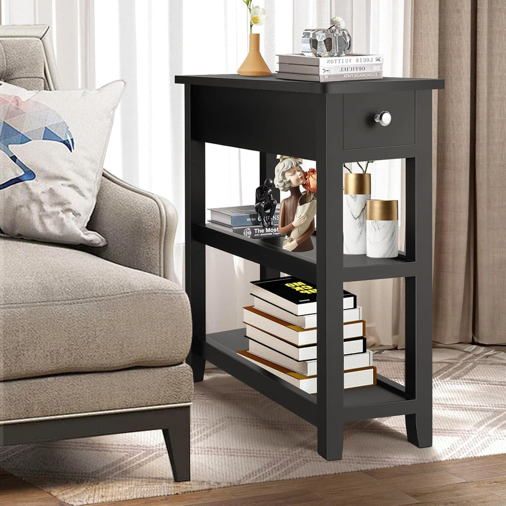 End Tables Living Room Set of 2, 3-Tier Narrow Sofa Side Table with Drawer an...