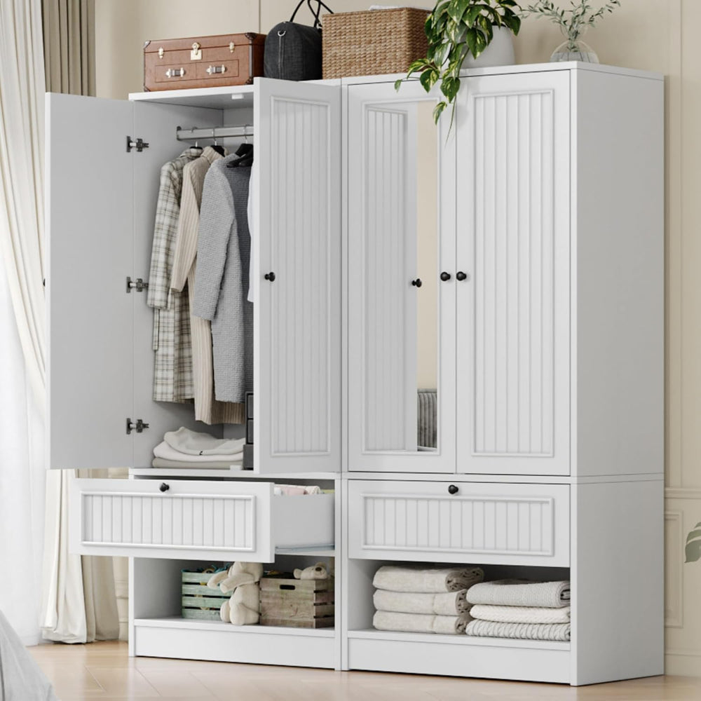 iPormis Wood Armoire Wardrobe Closet with Mirror Door and Drawer, 2 Doors Bed...