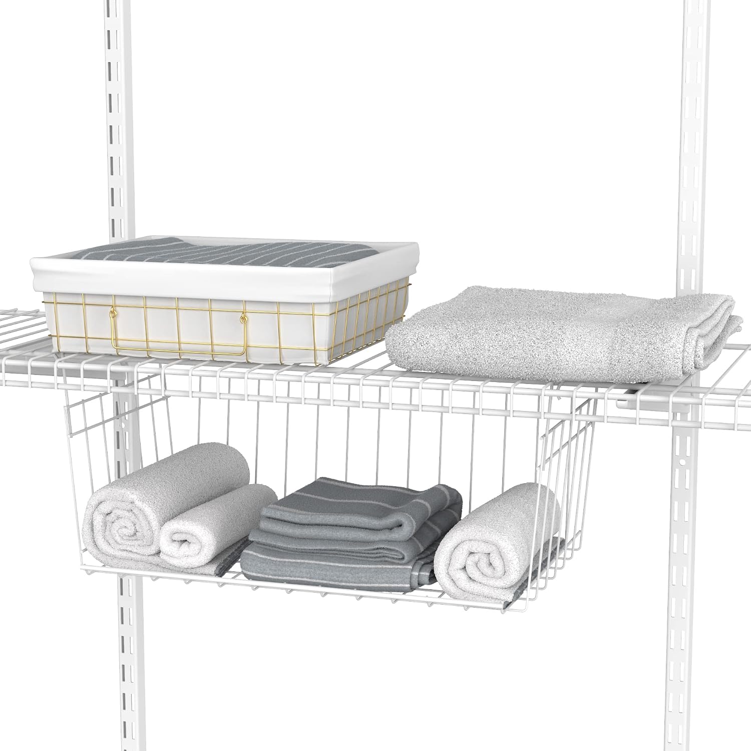 ClosetMaid ShelfTrack Wire Closet Organizer System Adjustable from 7 to 10 Ft, with Shelves, Clothes & Wire Hanging Shelf Basket for Storage, Organization in Closet or Pantry