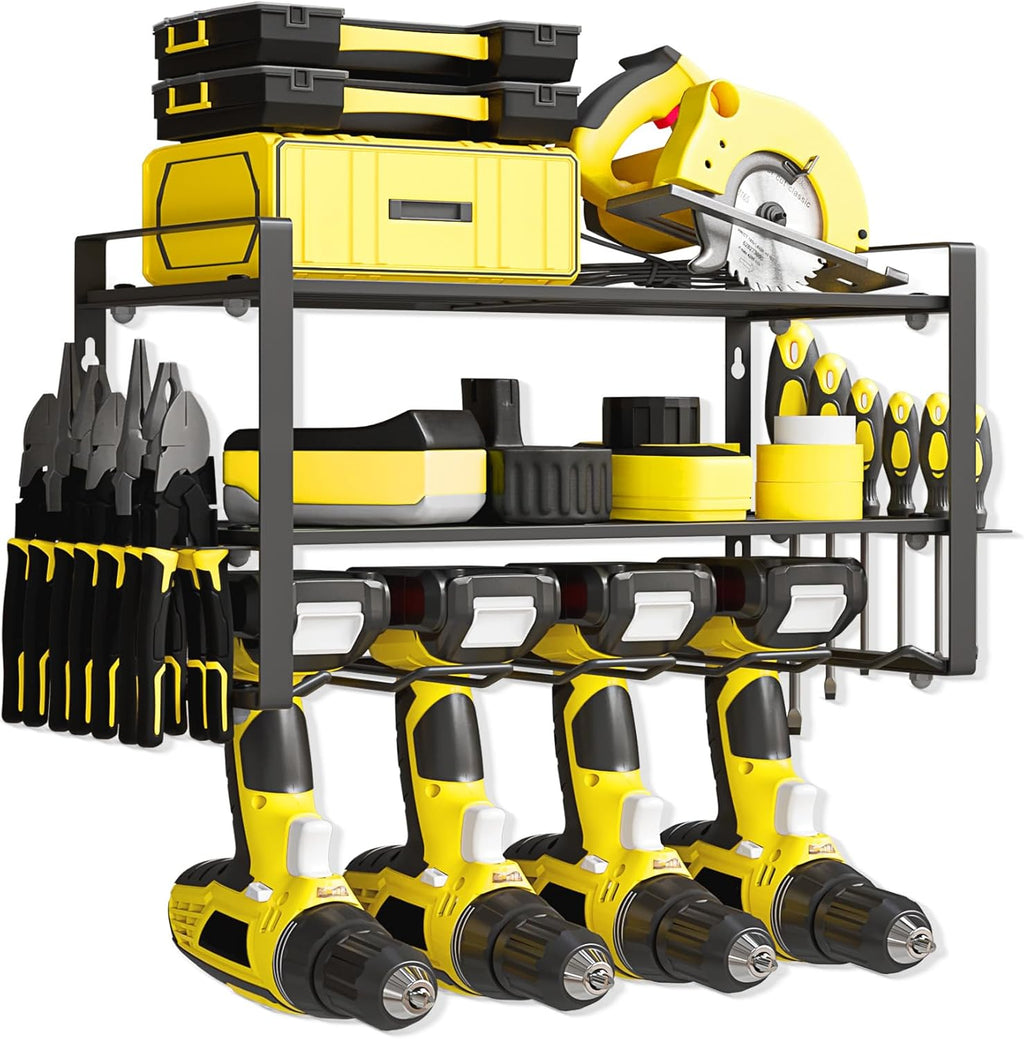 Power Tool Organizer Wall Mount, 3-Tier Heavy Duty Metal Rack Loads 180lbs with 4 Drill Holders and Side Hooks, Tool Battery Utility Rack Suitable Garage﻿