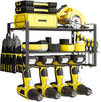 Power Tool Organizer Wall Mount, 3-Tier Heavy Duty Metal Rack Loads 180lbs with 4 Drill Holders and Side Hooks, Tool Battery Utility Rack Suitable Garage﻿