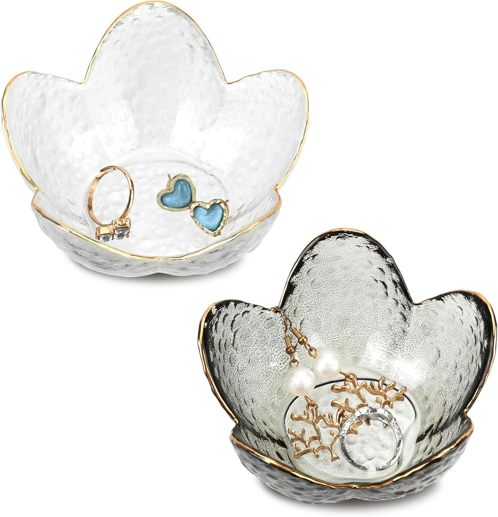 2Pcs Flower Shape Jewelry Tray, 3.5in Small Glass Jewelry Dish, Room Aesthetic Ring Dish, Engagement Ring Holder for Women, Bathroom Trinket Tray for Rings Earring Wife Mom Daughter Gift (White, Grey)