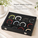Black 12 Grid Jewelry Organizer Display Box with Transparent lid Bracelets Display Case Bracelet Box with Clasp Bangle Organizer Drawer Insert Bangle Brooch,Gift for Women Girls(12 Grid)