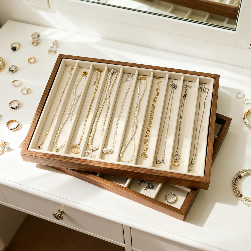 Large Jewelry Trays for Drawers Stackable Velvet Jewelry Display for Vendors Jewelry Drawer Organizer Inserts for Rings Necklace Bracelets Earrings and Studs Earrings (Beige, 10 Grid)