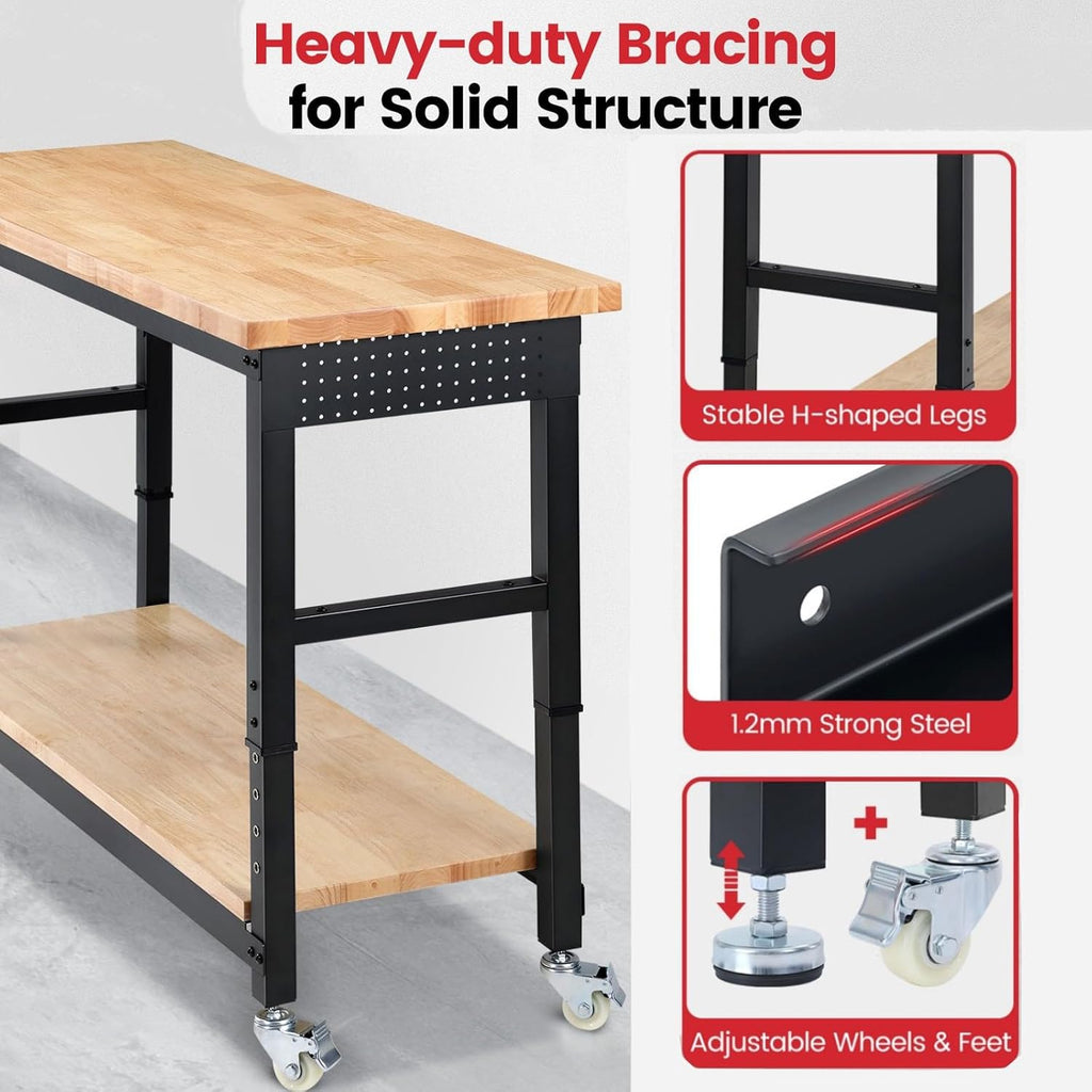 Workbench for Garage with Wheels 60 x 22 Inch Heavy Duty Rubberwood Tabletop Work Table with Under Table Shelf, Pegboard, Power Outlets for Woodworking Shop Home Office