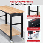 Workbench for Garage with Wheels 60 x 22 Inch Heavy Duty Rubberwood Tabletop Work Table with Under Table Shelf, Pegboard, Power Outlets for Woodworking Shop Home Office