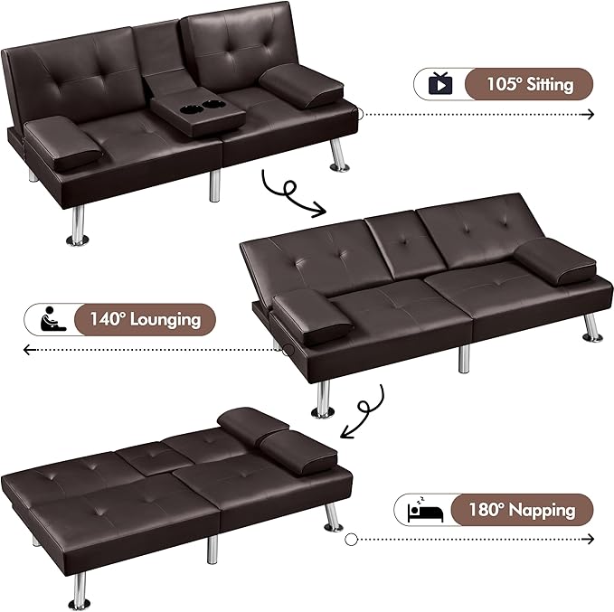 Yaheetech Convertible Sofa Adjustable Couch Sleeper Modern Faux Leather Home Reversible Loveseat, Removable Armrests, 3 Angles, 772lb Capacity, Espresso