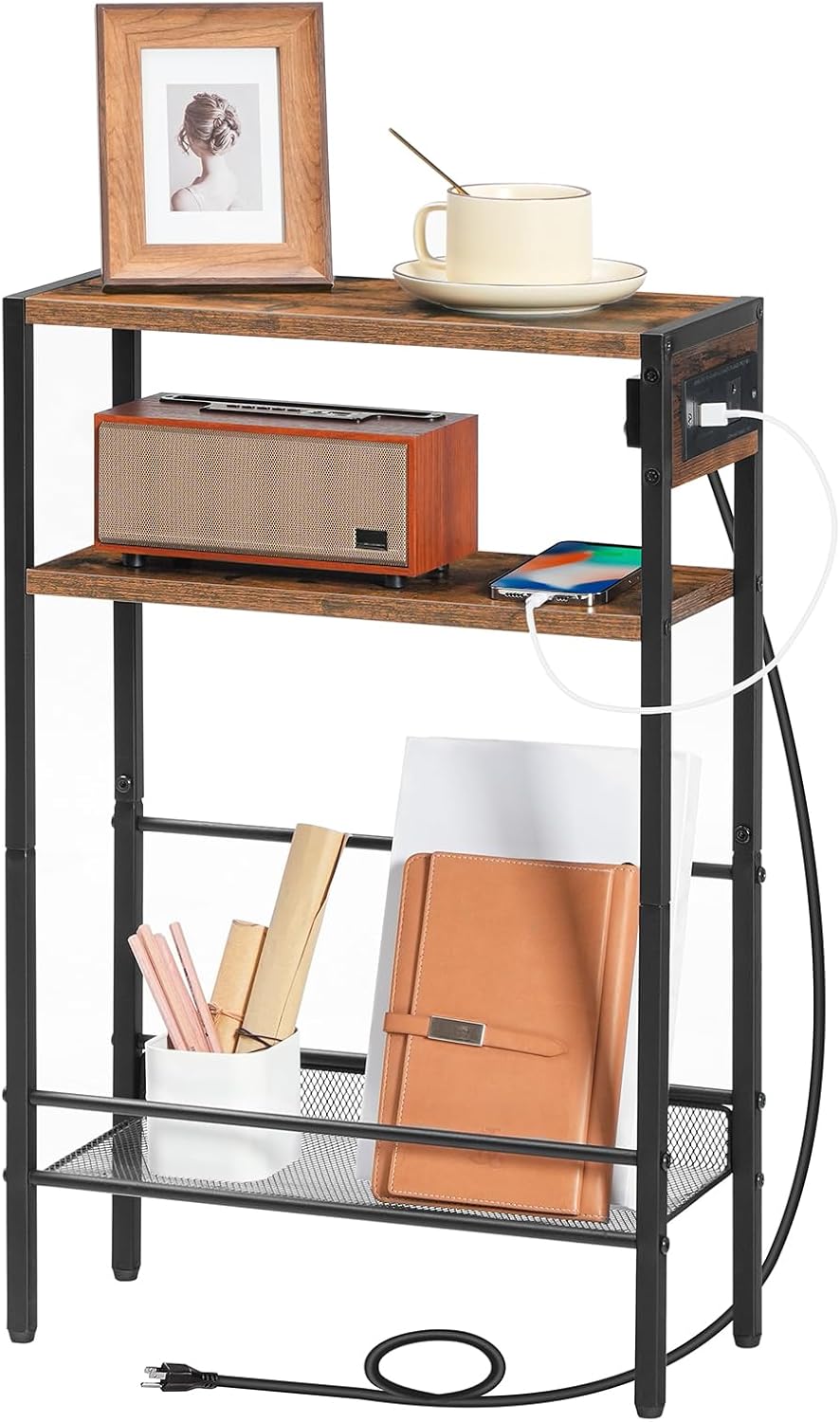 HOOBRO Small Narrow Side Table with Charging Station, Skinny End Table for Sm...