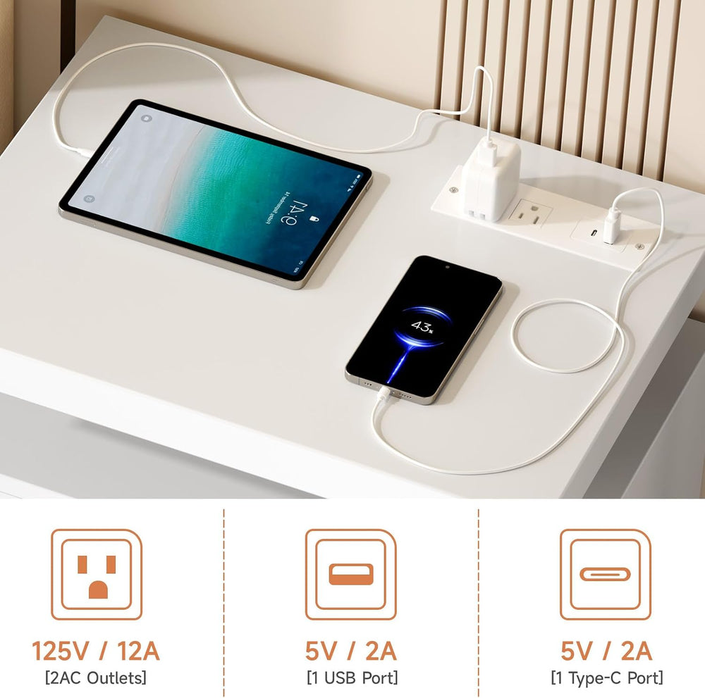 White Nightstand with Charging Station and LED Lights, Smart Night Stand, Mod...