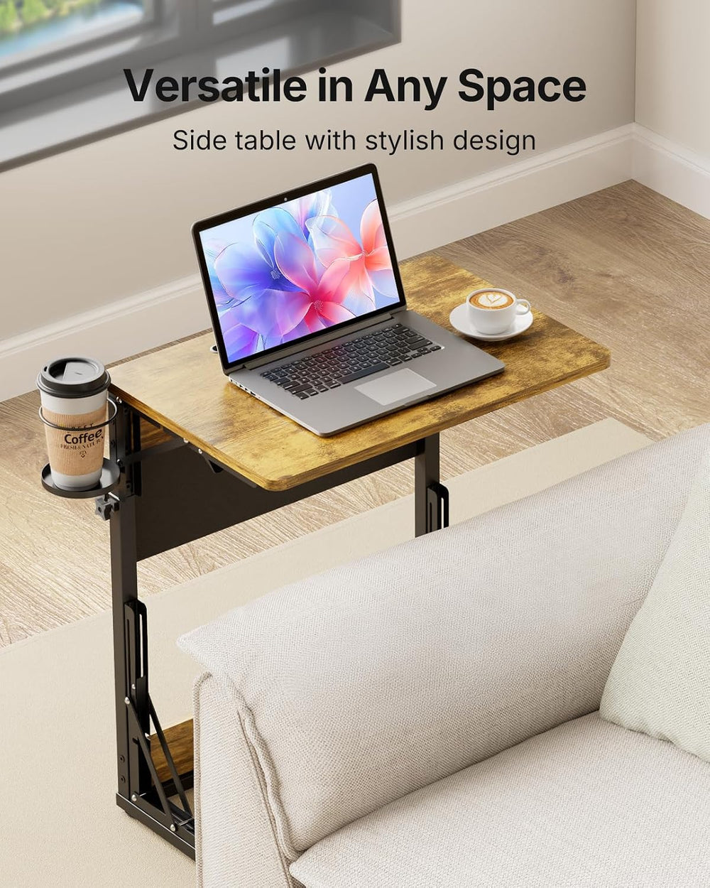 HUANUO Adjustable TV Tray Table with Cup Holder, Storage Bag & Tablet Slot