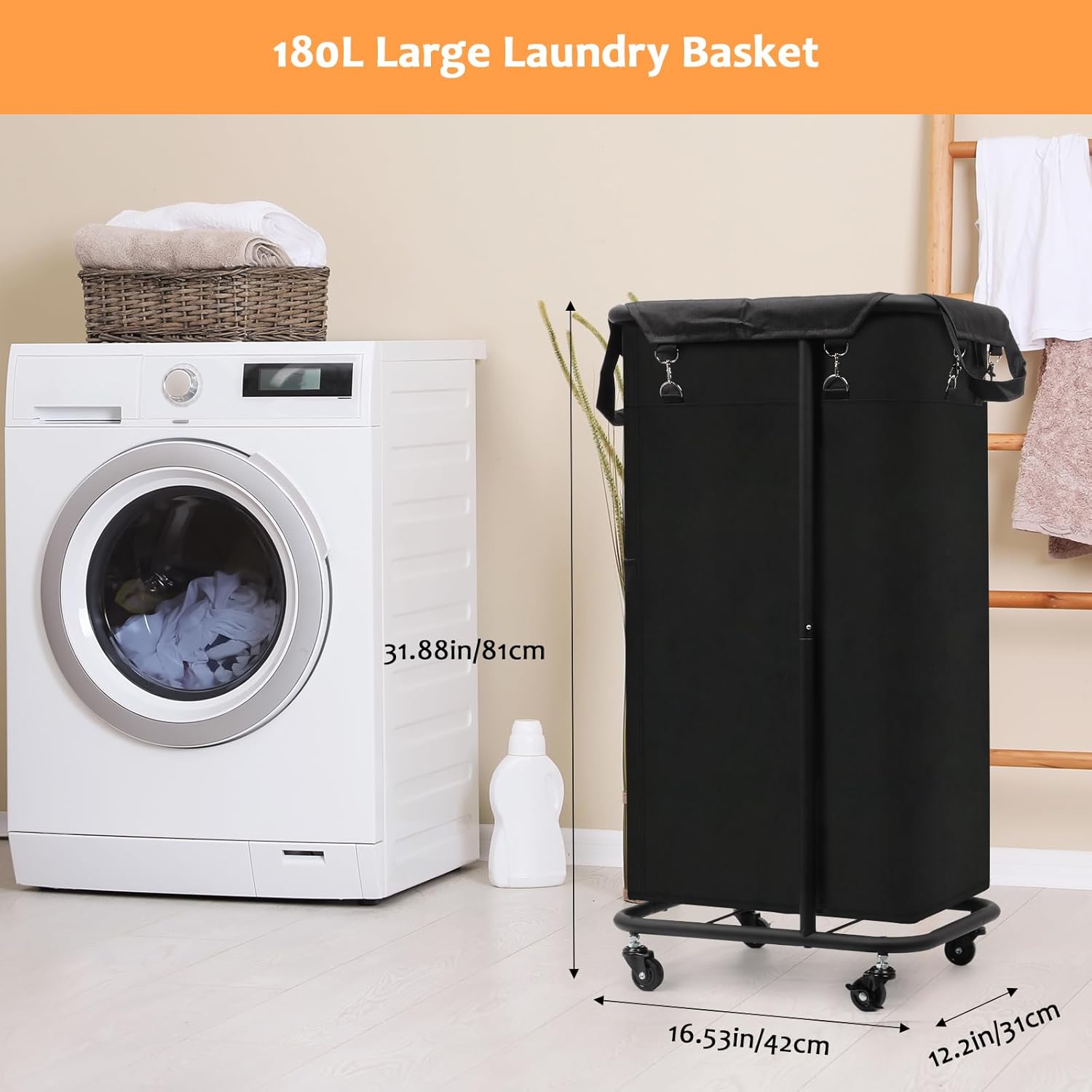 Longzhuo 47.55 Gal(180L) Rolling Laundry Basket With Wheels, Laundry Hamper With Wheels, Metal Wheeled Laundry Basket for Laundry, Hotel, Bedroom & Laundry Room Organization, Black