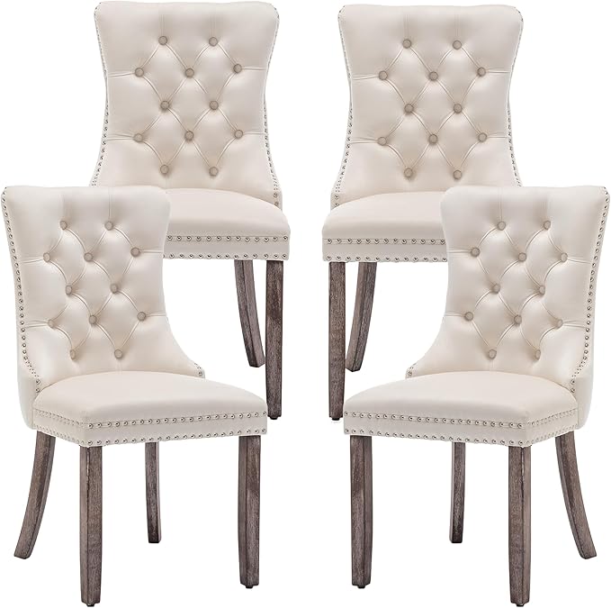 Mid Century Modern Dining Chair Set of 4 Velvet Upholstered Dining Accent Chair Farmhouse Dining Chairs with High Back and Nailhead Trim for Kitchen, Living Room, Bedroom (Beige)