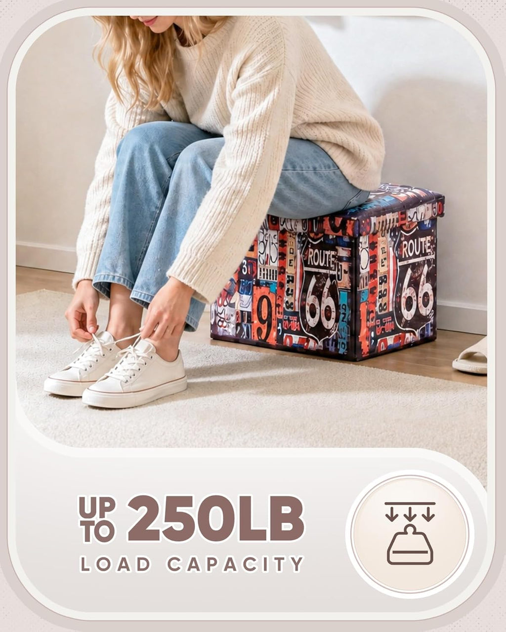 B FSOBEIIALEO Route 66 Storage Ottoman Bench, Faux Leather Foot Rest Seat for Living Room, Storage Organizer 16.54"x12.6"x12.6"