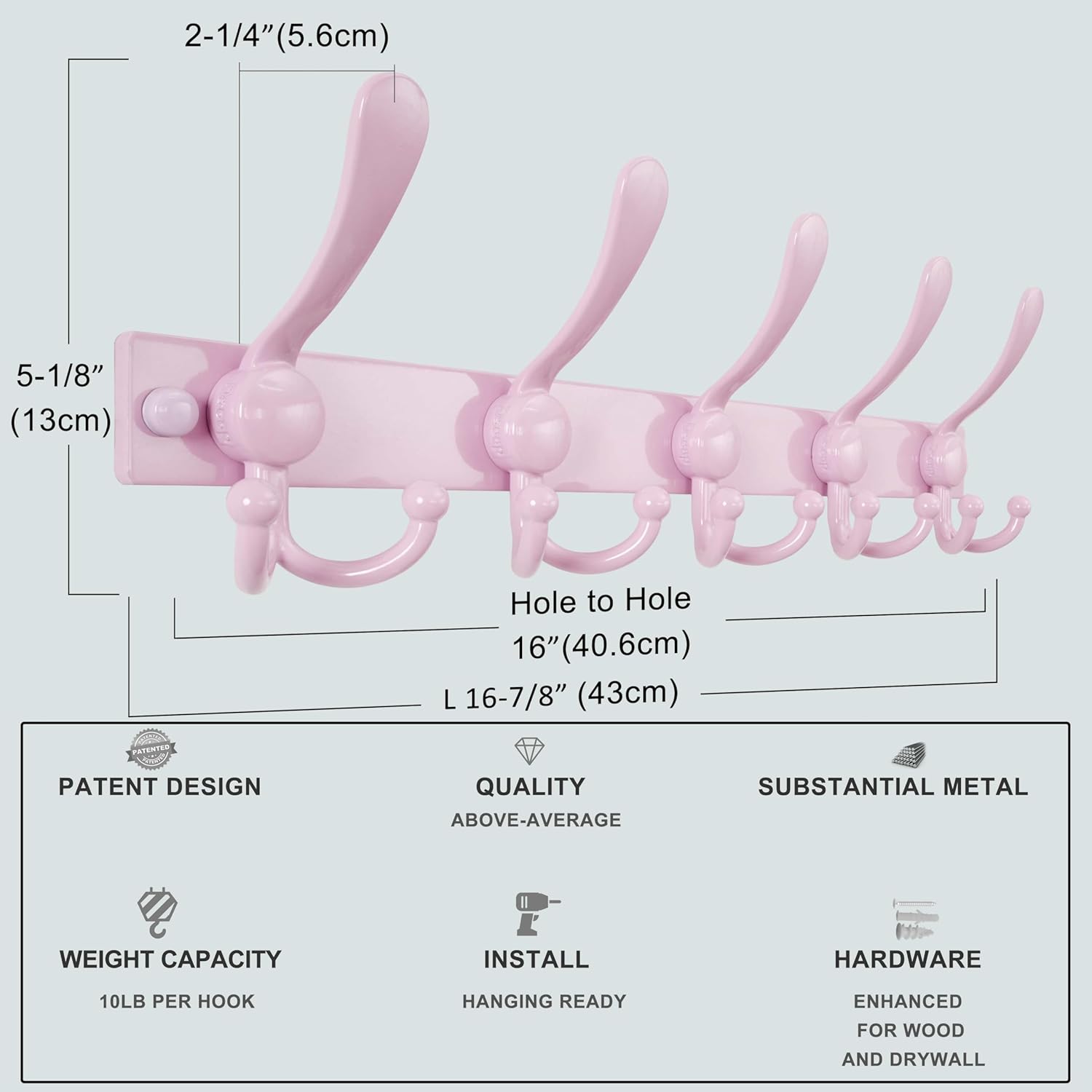 Dseap Coat Rack Wall Mount 2.0 Pro: Heavy Duty 300% Thicker, 16" Stud Mount, Stainless Steel Wall Coat Hooks Hanger for Clothes Jackets Hats Entryway Closet, MaxStrong Series, Pink, Pack of 2