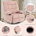 KCQ Overstuffed Swivel Rocker Recliner Chair with Massage and Heat, Fabric Heated Reclining Chairs Manual Recliner with Cup Holder, Pink Nursery Rocking Recliner Glider Chair