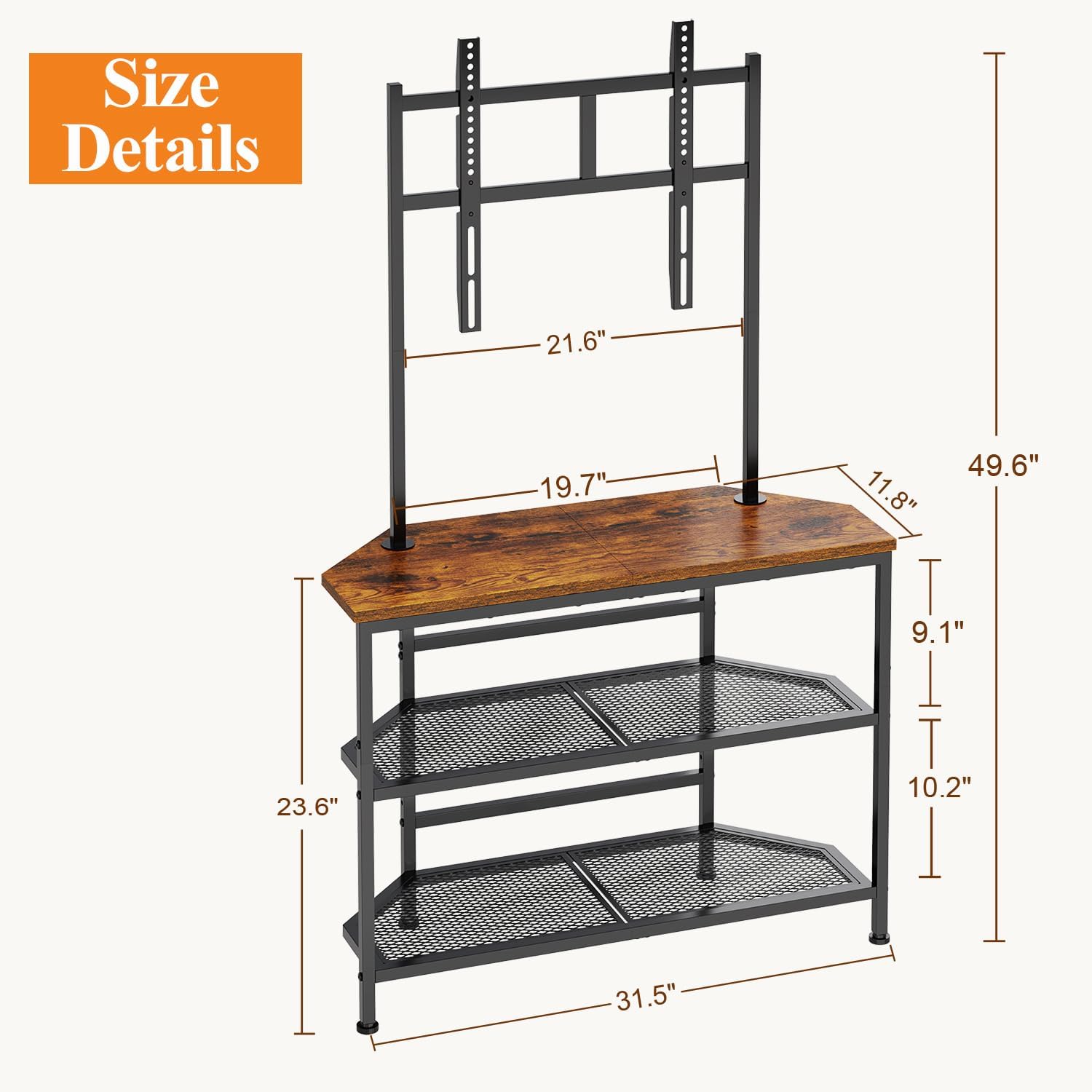 23" to 60" Floor Corner TV Stand For Bedroom With Mount, Universal Corner TV Desk Table With Storage Shelves For Bedroom Small Space,Rustic Television Stands Desk,Heavy Duty Structure,Adjustable Feet