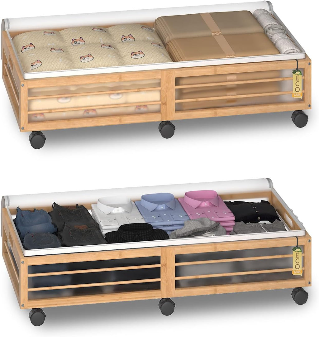 Bamboo Underbed Storage Containers with Wheels & Bag 2 Pack, Large Under Bed Rolling Storage Bins Wood Under Bed Clothes Storage Stackable Drawers for Bedroom Closet Under Crib Toy(Natural)
