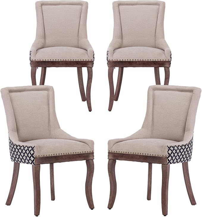 Modern Dining Chairs Set of 4, High Back Dining Chairs Side Chairs with Solid Wood Legs, Upholstered Fabric Dining Room Chairs for Dining Room Kitchen, Beige and Patterned