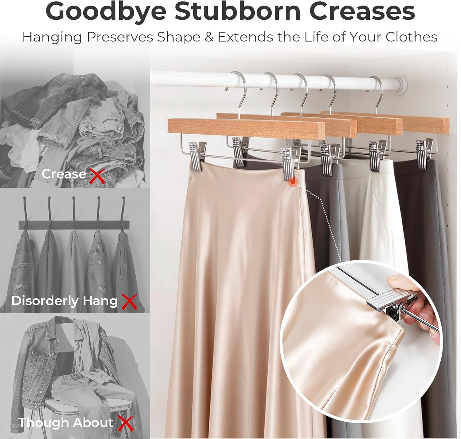 HOUSE DAY Premium Wooden Pants Hangers 15 Pack, Solid Lotus Wood Skirt Hangers with 2-Adjustable Clips, Heavy Duty & Anti Slip Wood Bottom Hanger for Slacks, Jeans, Trousers, Shorts (Natural)