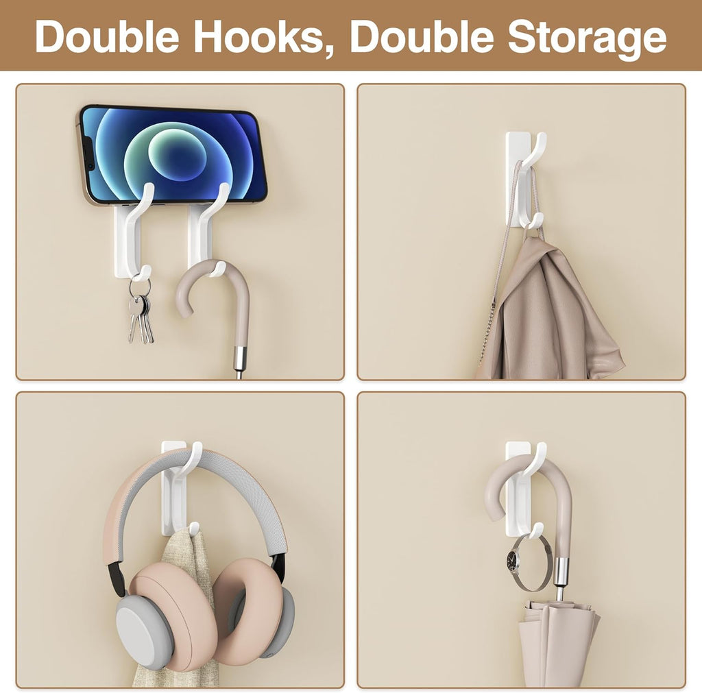 pickpiff Adhesive Wall Hooks for Hanging Towels - Heavy Duty Stick On Hooks, Strong Hold up to 13 lbs, Damage-Free Hangers for Coats, Bags, Purses, Ideal for Door, Closet, or Bathroom, White, 4 Pack